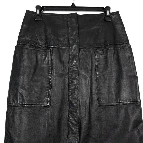 Vintage 90's West Bay Lamb Napa Leather High Rise Snap Front Skirt Black Size 10 - Picture 3 of 7